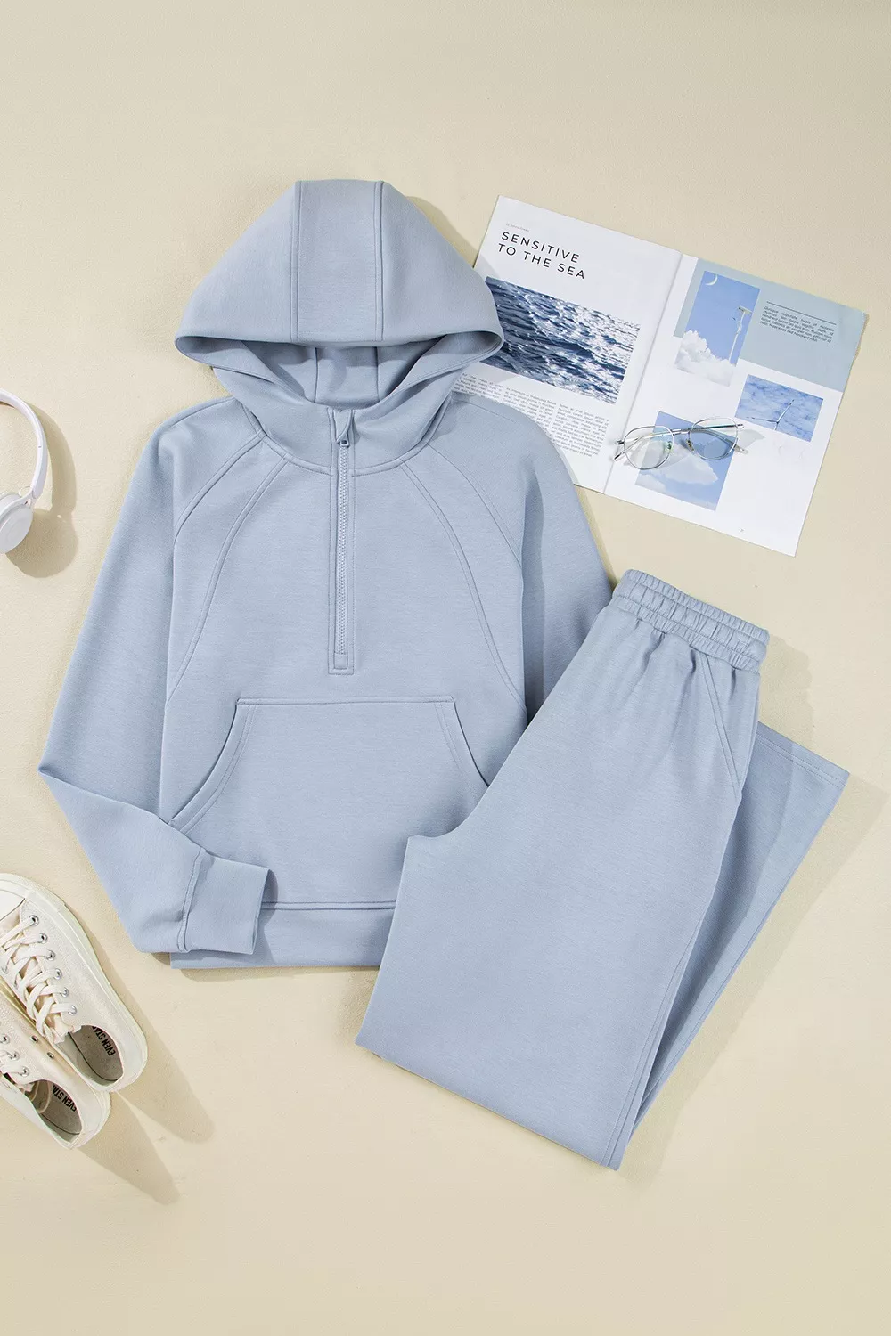 Half Zip Thumbhole Sleeve Hoodie and Pants 2pcs Outfit, image 2