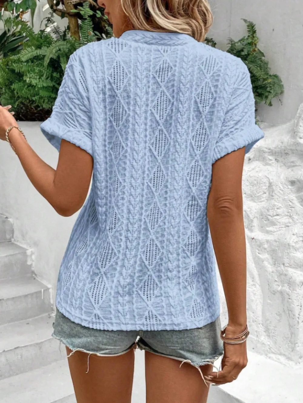 Openwork Notched Short Sleeve Blouse, image 2