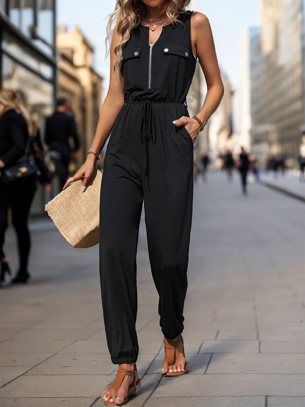 Half Zip Sleeveless Jumpsuit with Pockets, image 2