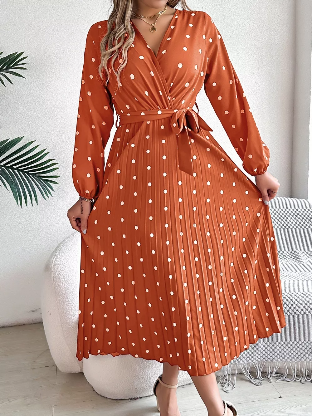 Front Tie Polka Dot Midi Pleated Dress, image 3