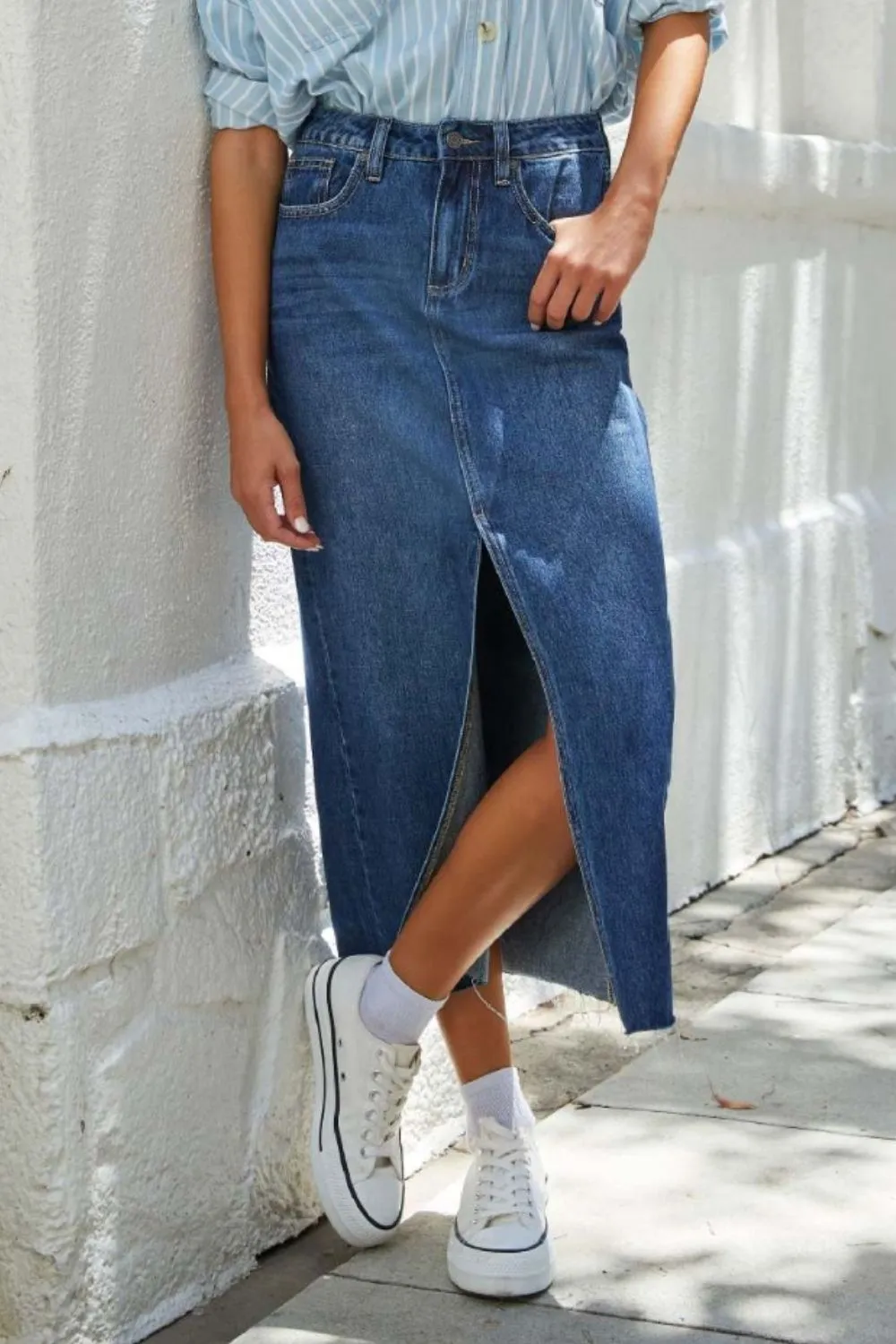 Slit Raw Hem Midi Denim Skirt, image 2