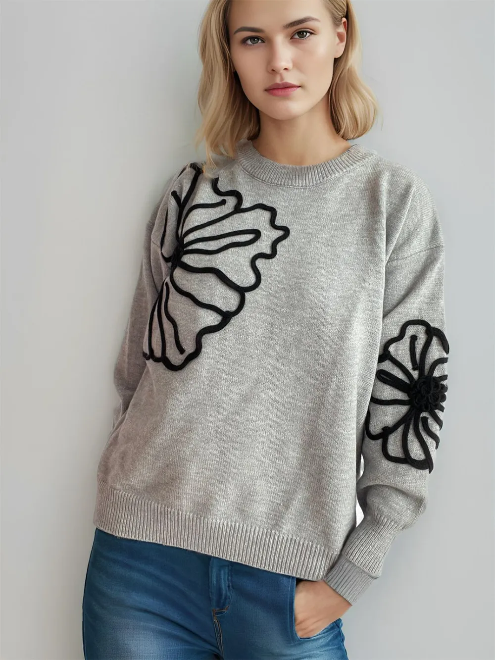 Flower Round Neck Long Sleeve Sweater, image 3