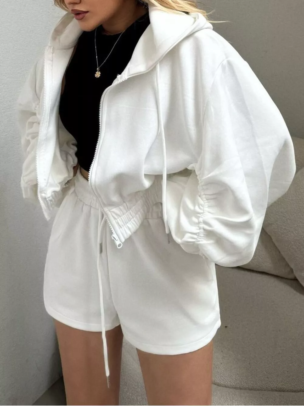 Zip-Up Jacket and High-Waisted Drawstring Shorts Set, image 3