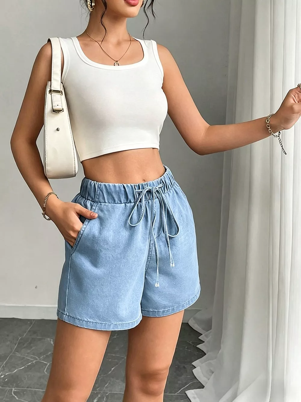 Drawstring High Waist Denim Shorts, image 2