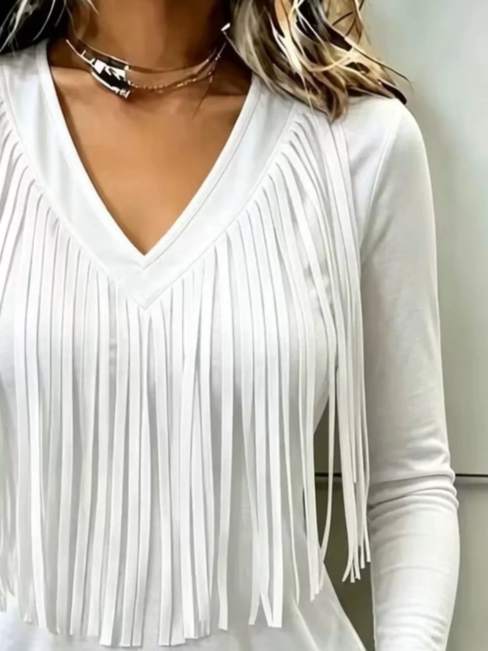 Fringe V-Neck Long Sleeve T-Shirt, image 6