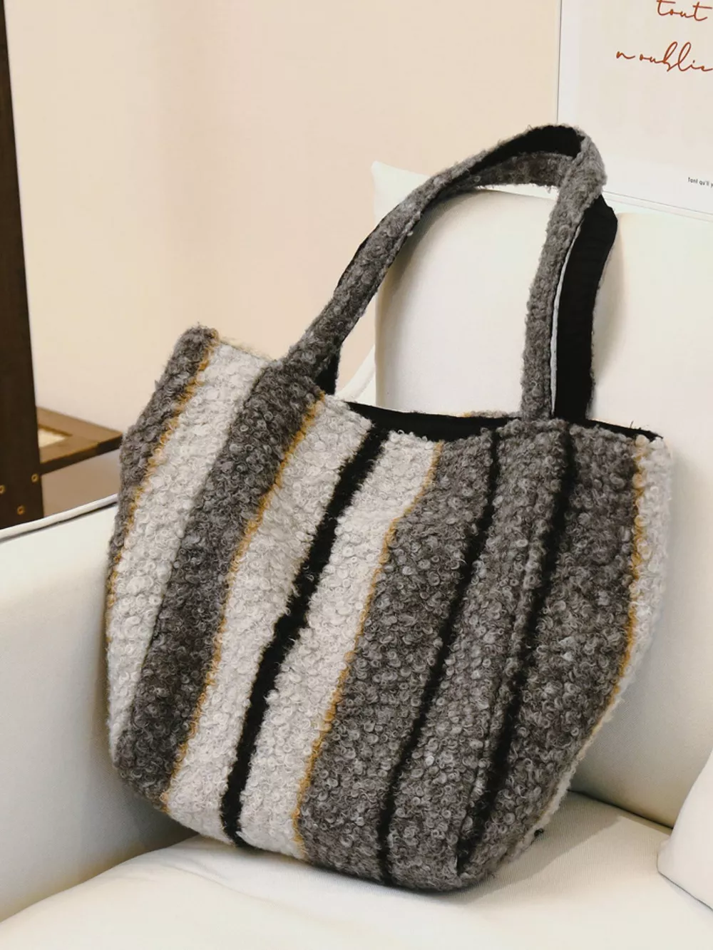 Reversible Striped Plush Tote Bag, image 2