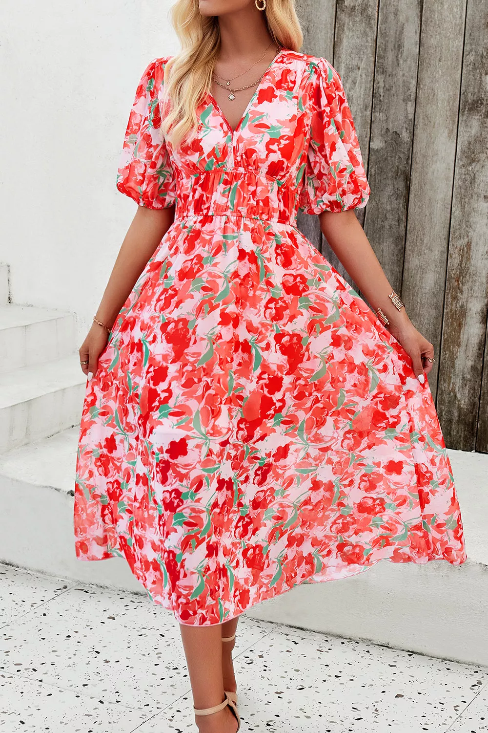Smocked Printed V-Neck Short Sleeve Dress, image 3