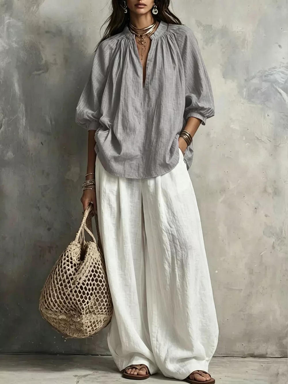 Notched Blouse and Wide-Leg Pants Set, image 10