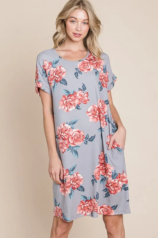 Floral Round Neck Short Tee Dress with Pockets