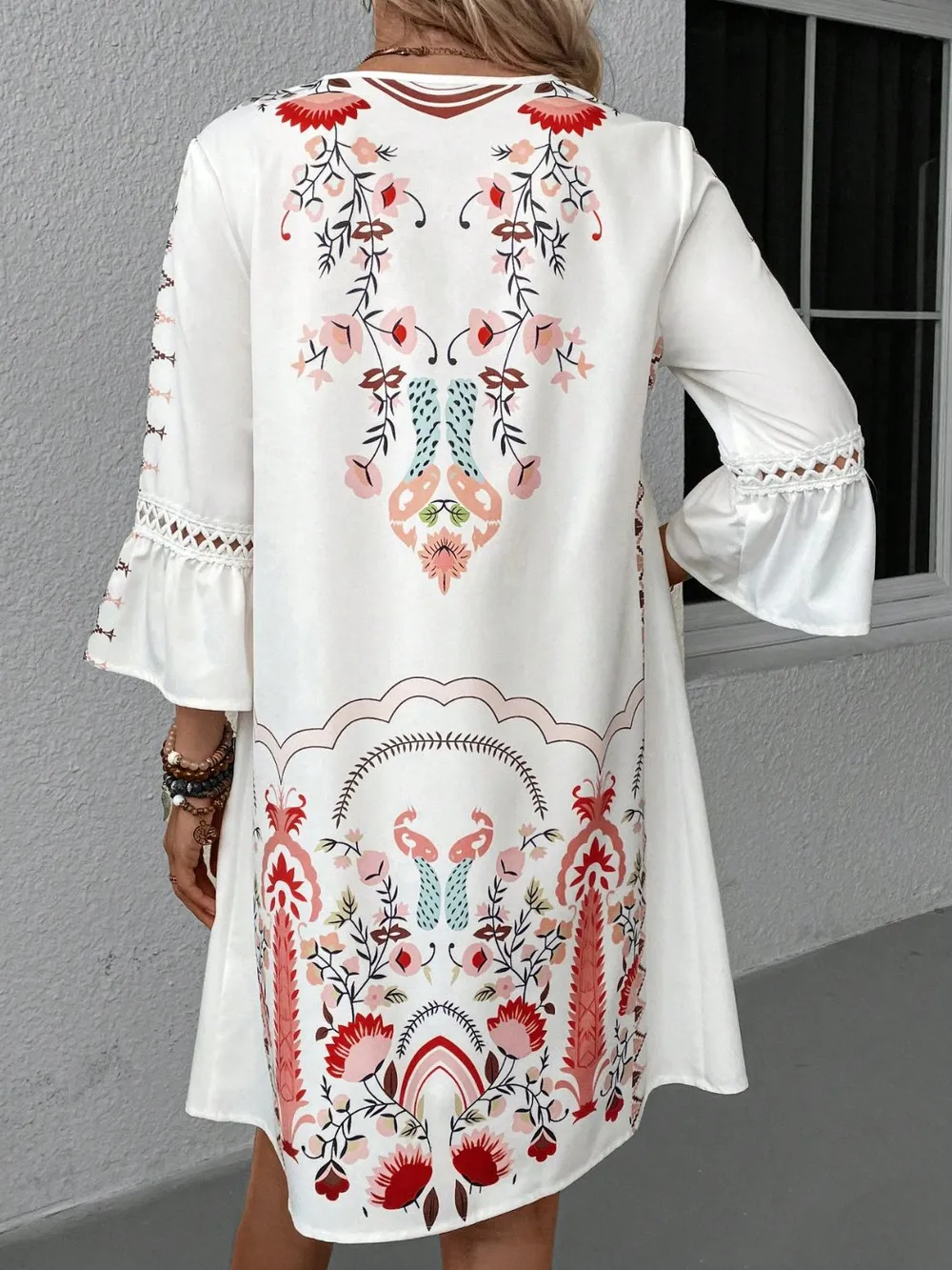 Lace Detail Printed Three-Quarter Sleeve Dress, image 2