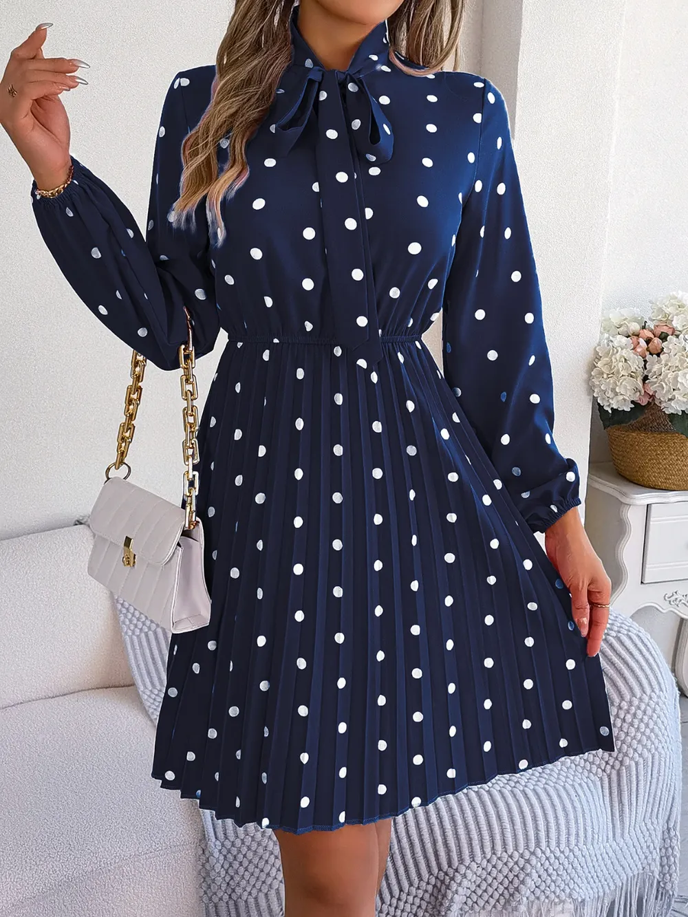 Polka Dot Tie Neck Pleated Dress, image 12