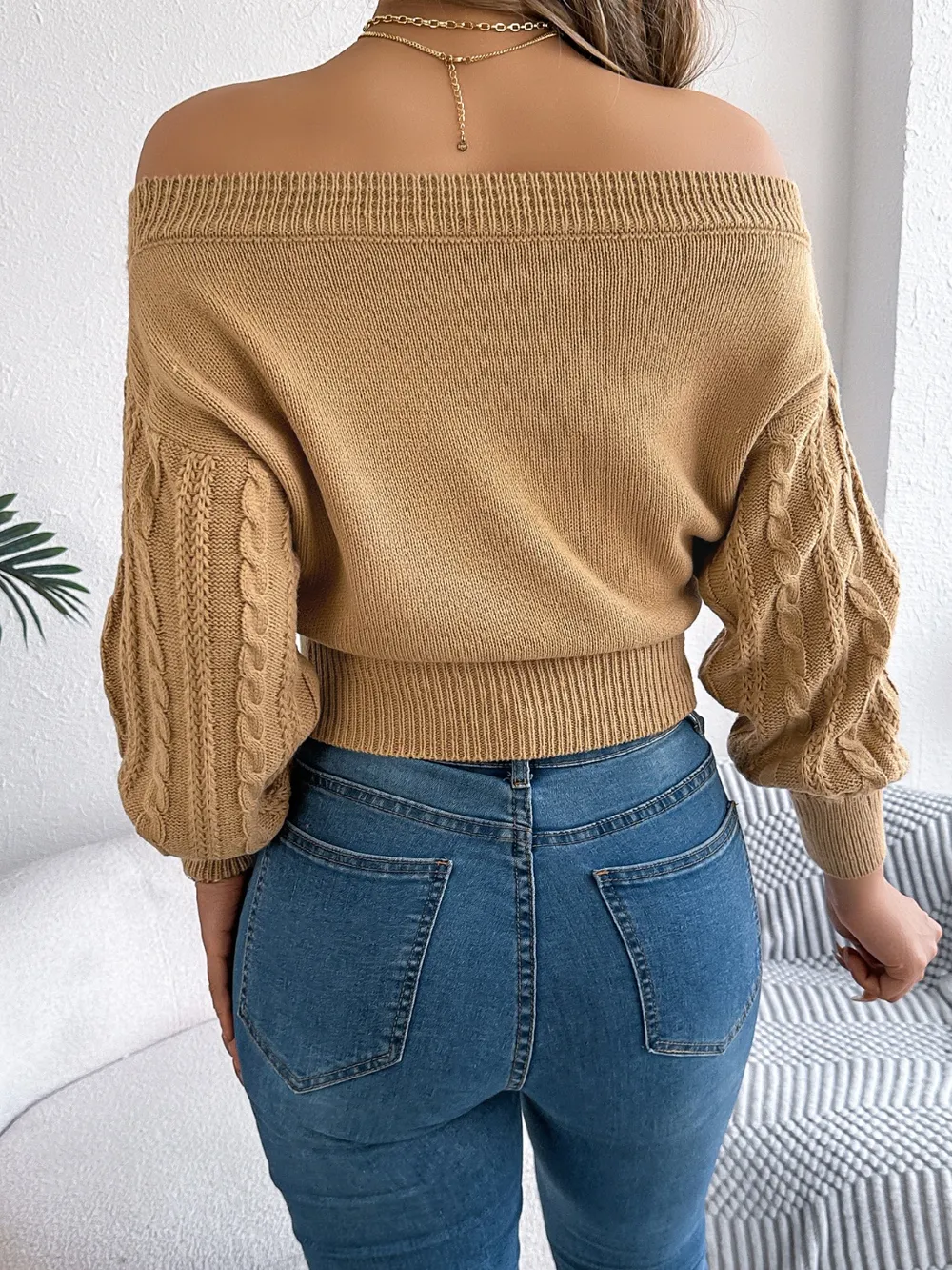 Cable Knit Off-Shoulder Long Sleeve Sweater, image 4
