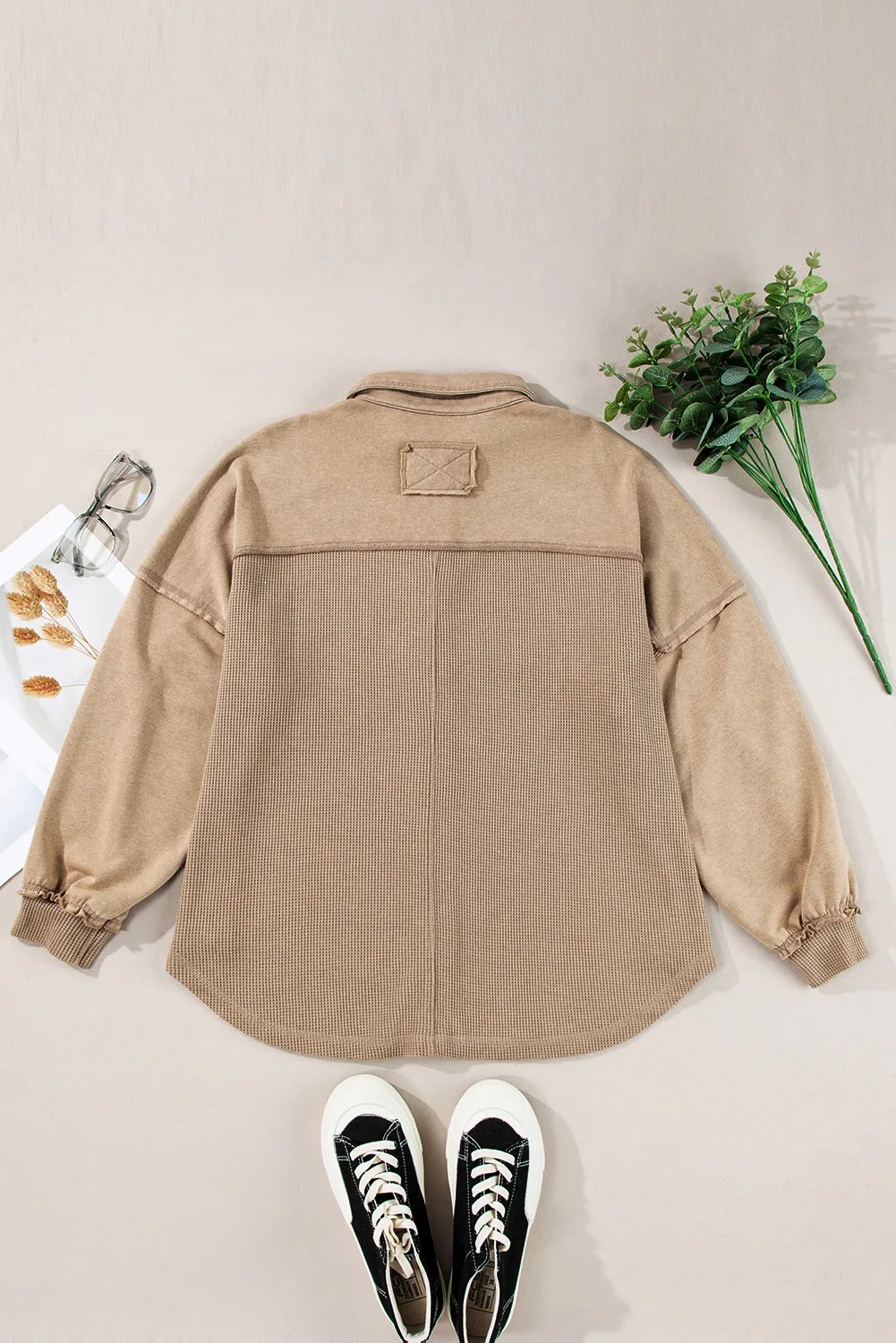 Waffle-Knit Collared Neck Long Sleeve Shacket, image 2
