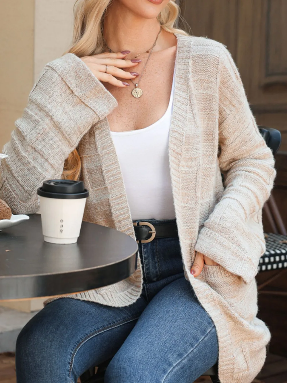 Textured Knit Open Front Cardigan with Pockets, image 2
