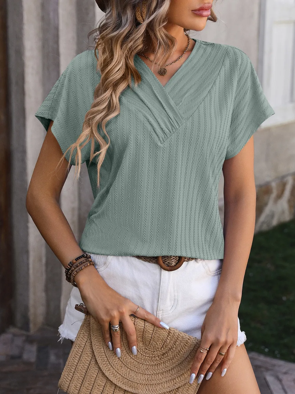 Textured Surplice Short Sleeve Blouse, image 3