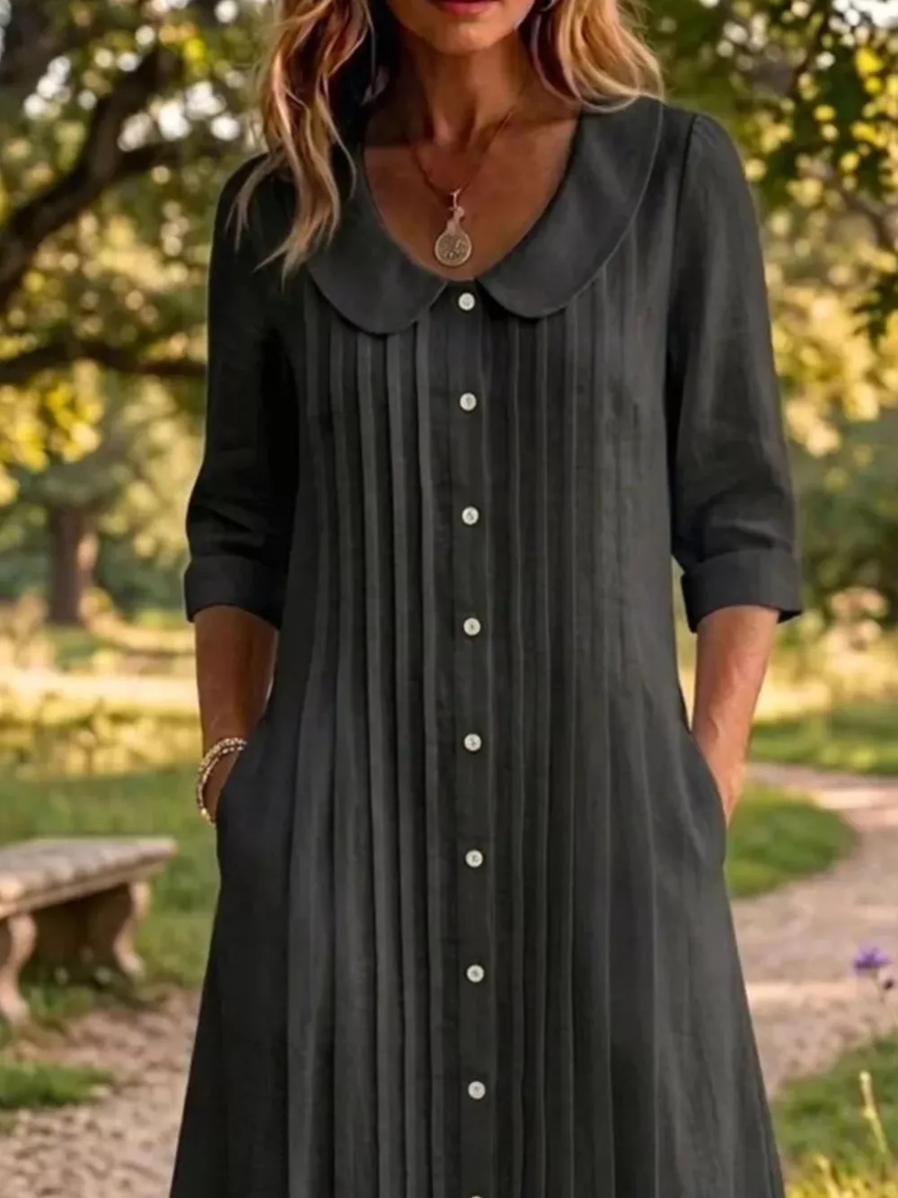 Full Size Peter Pan Collar Button Down Dress Plus Size, image 10