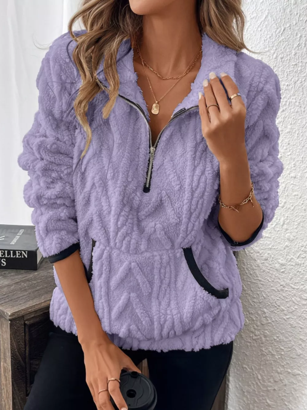Full Size Sherpa Half Zip Sweatshirt Plus Size, image 2