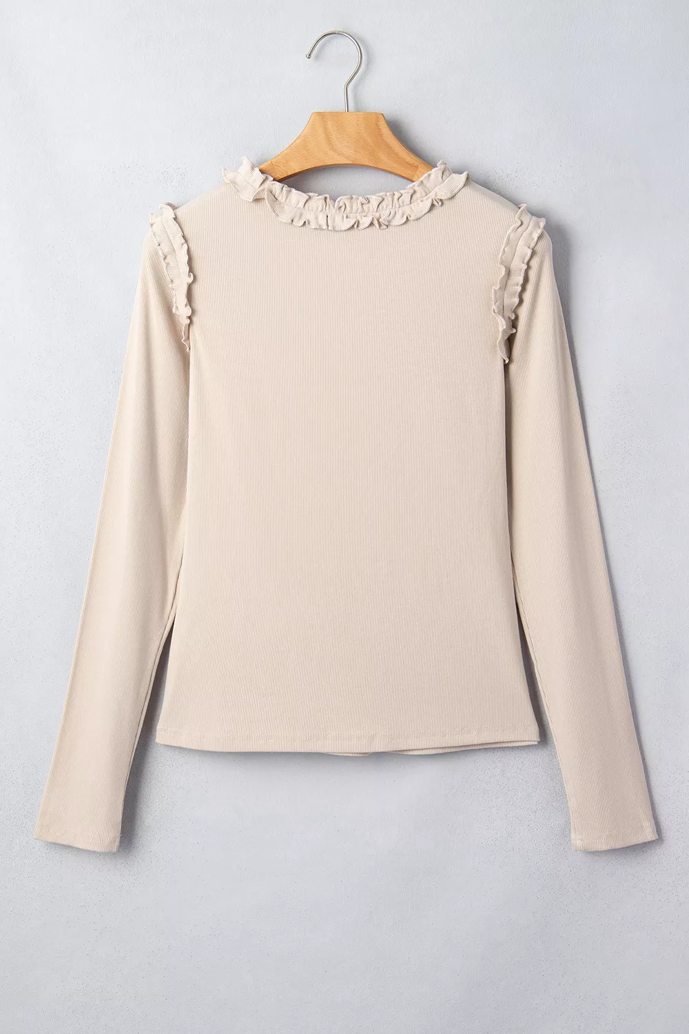 Solid Color Round Neck Frill Detail Long Sleeve Top, image 7