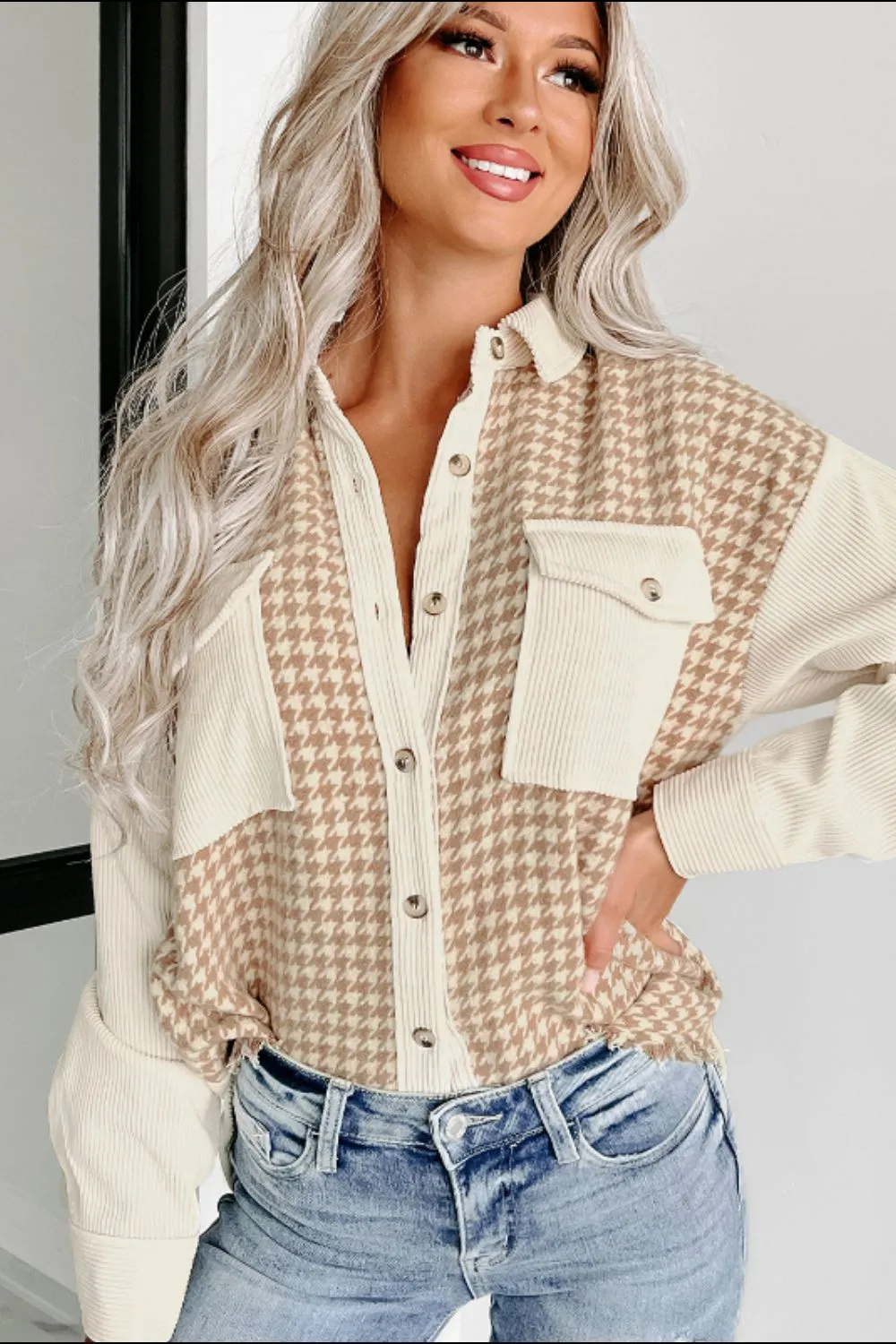 Houndstooth Button Up Long Sleeve Jacket, image 2