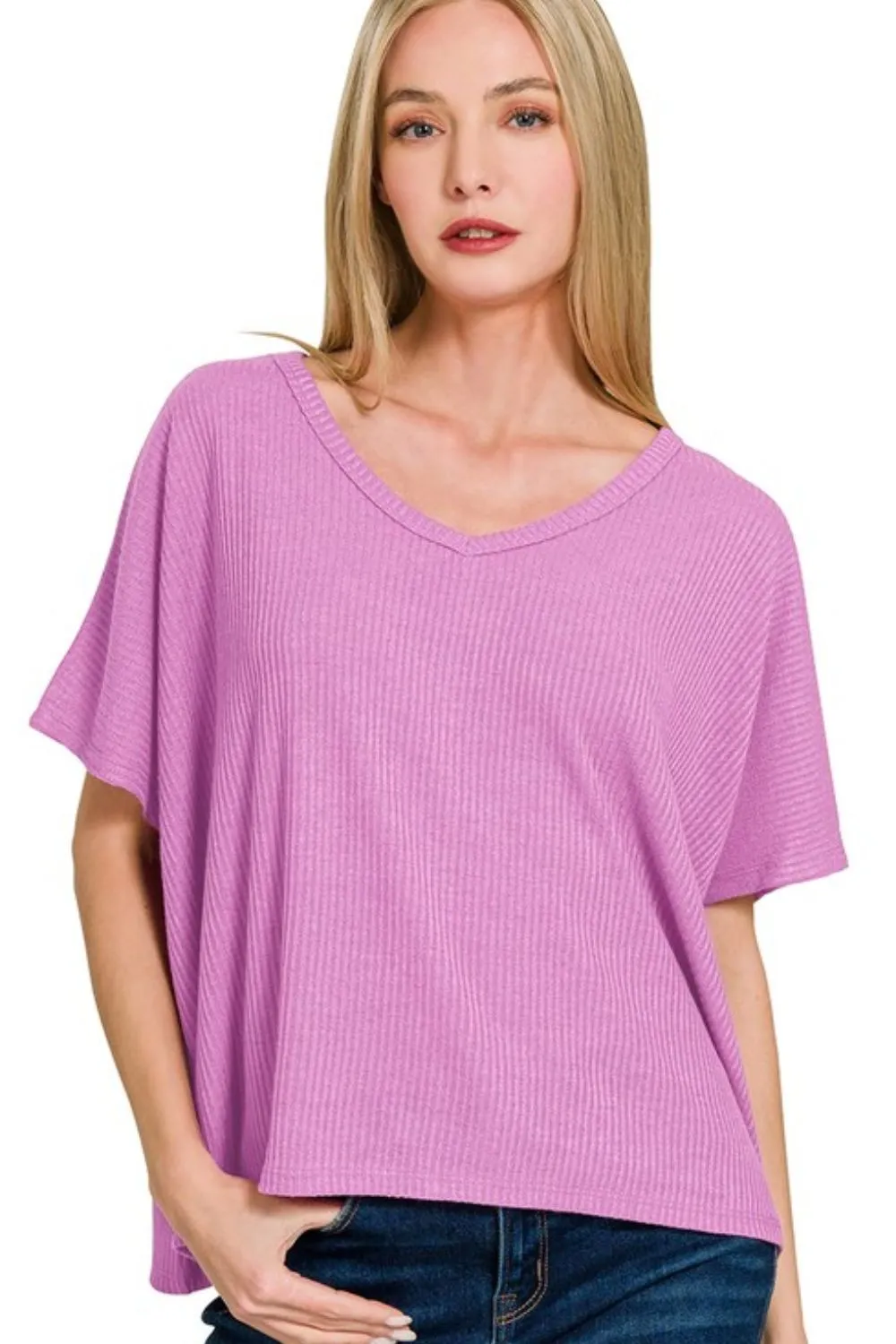 Ribbed V-Neck Short-Sleeve Knit Top