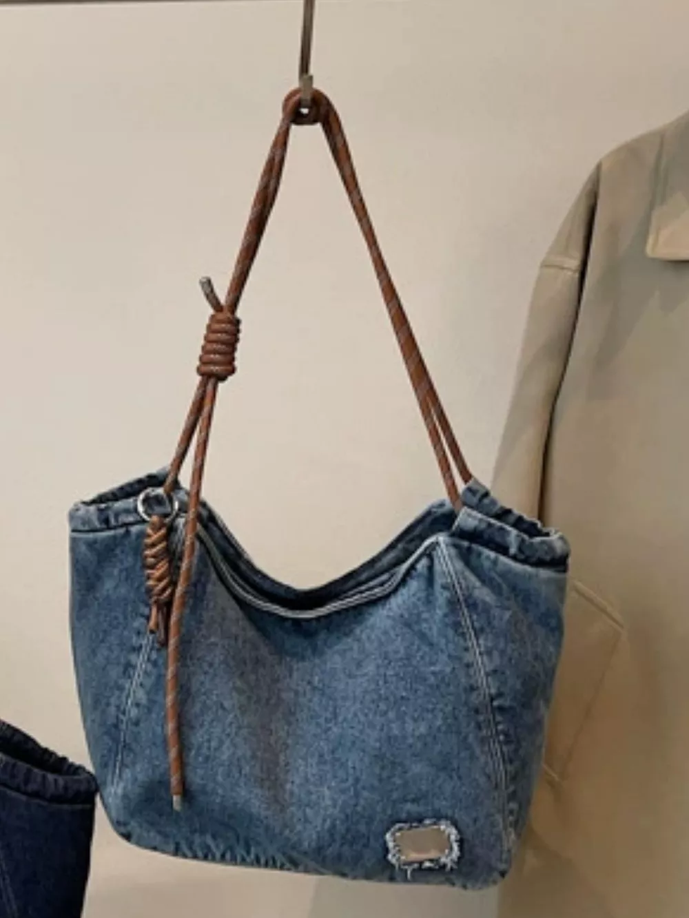 Denim Hobo Tote Bag with Rope Strap, image 4