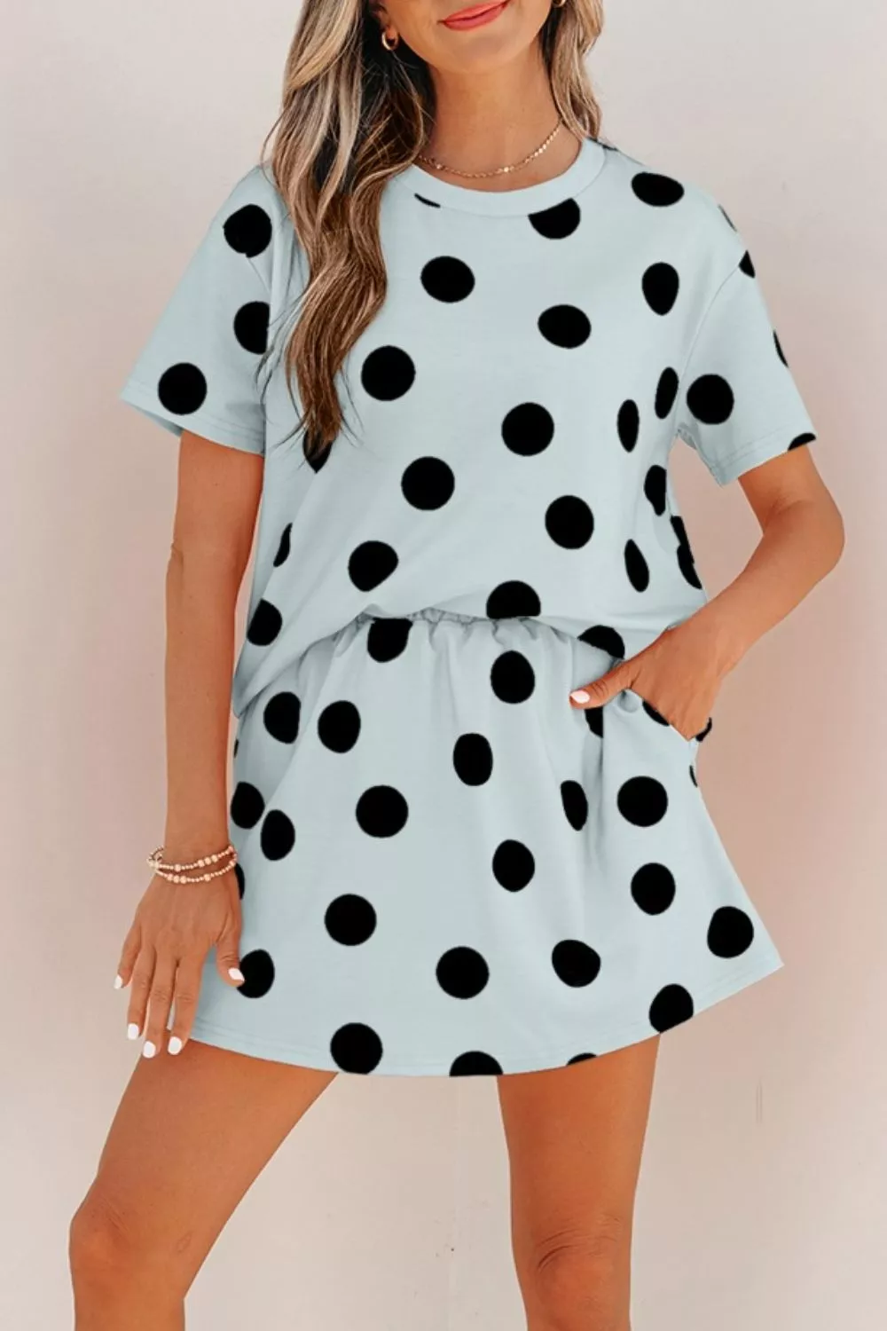 Polka Dot Short Sleeve Top Casual Skort 2pcs Outfit