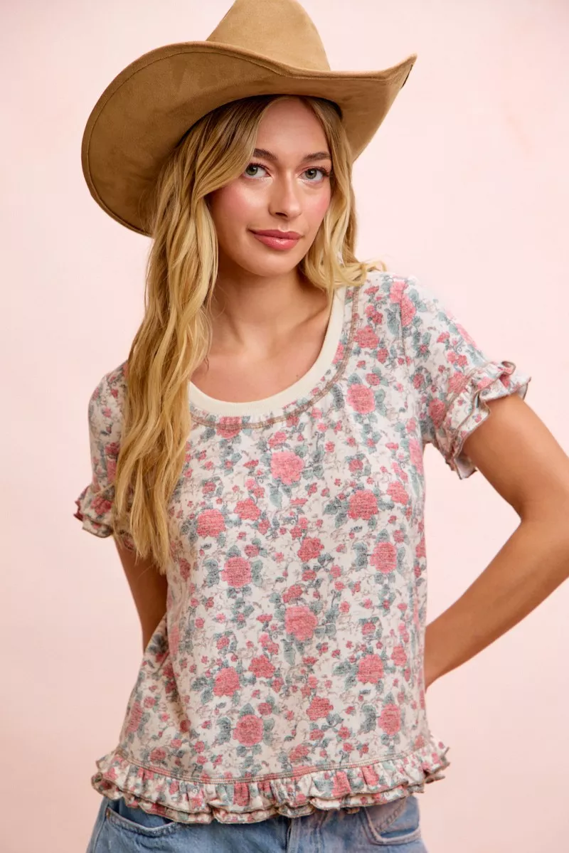BiBi Rose Printed Slub Knit Ruffled Sleeves Top, image 5