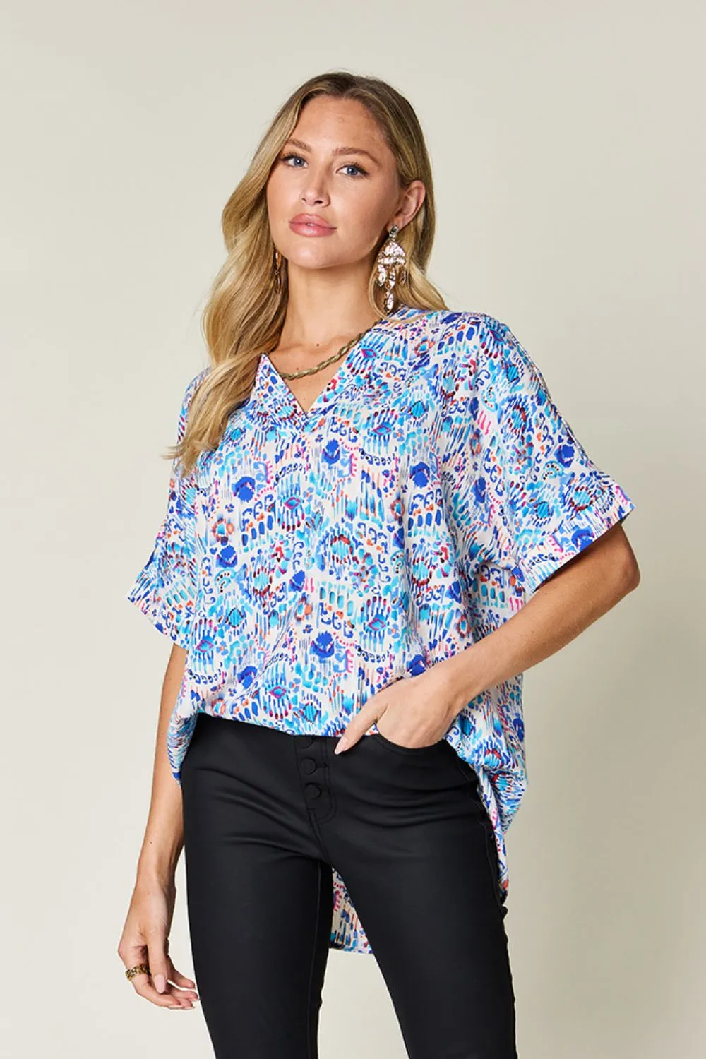 Full Size Printed V-Neck Short Sleeve Blouse, image 3