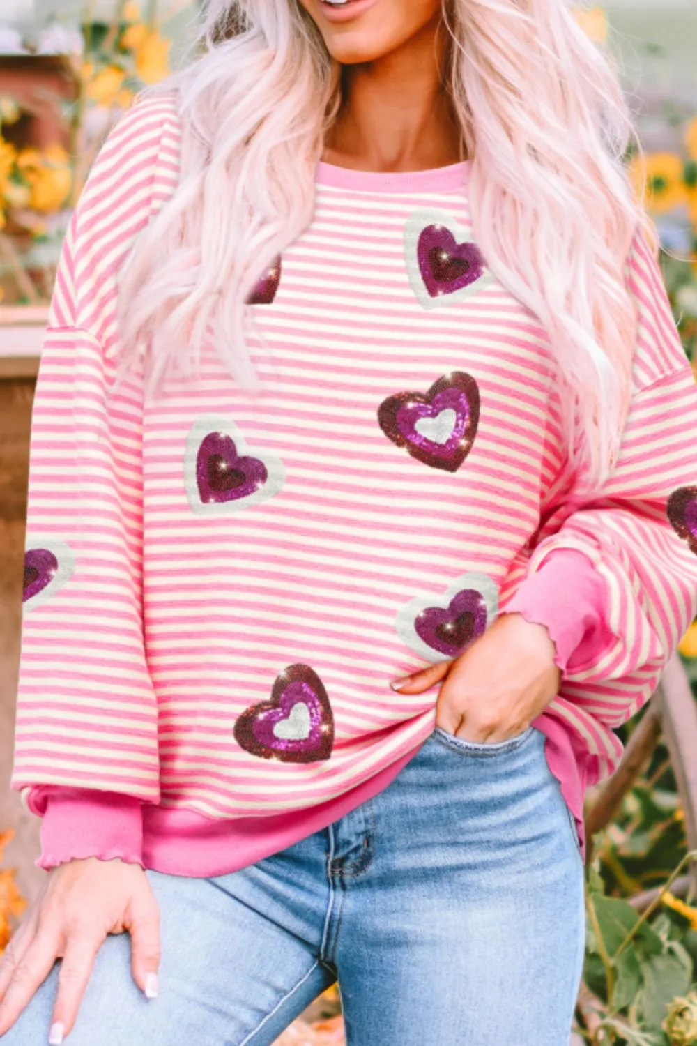 Valentine’s Day Sequin Heart Striped Round Neck Long Sleeve Sweatshirt, image 2