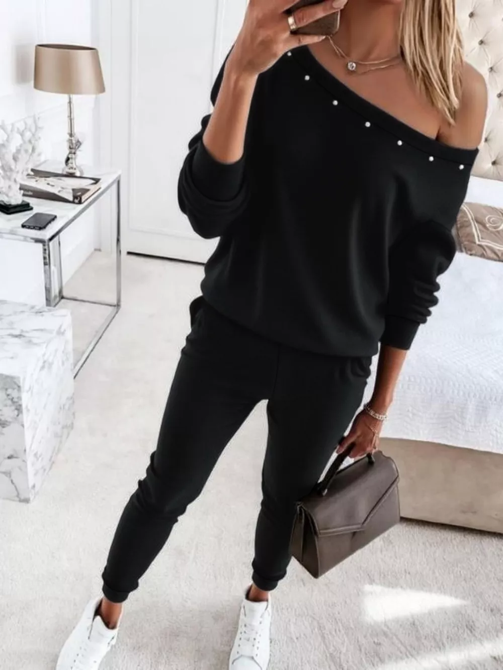 One-Shoulder Pearl Embellished Top and Pants Set, image 2