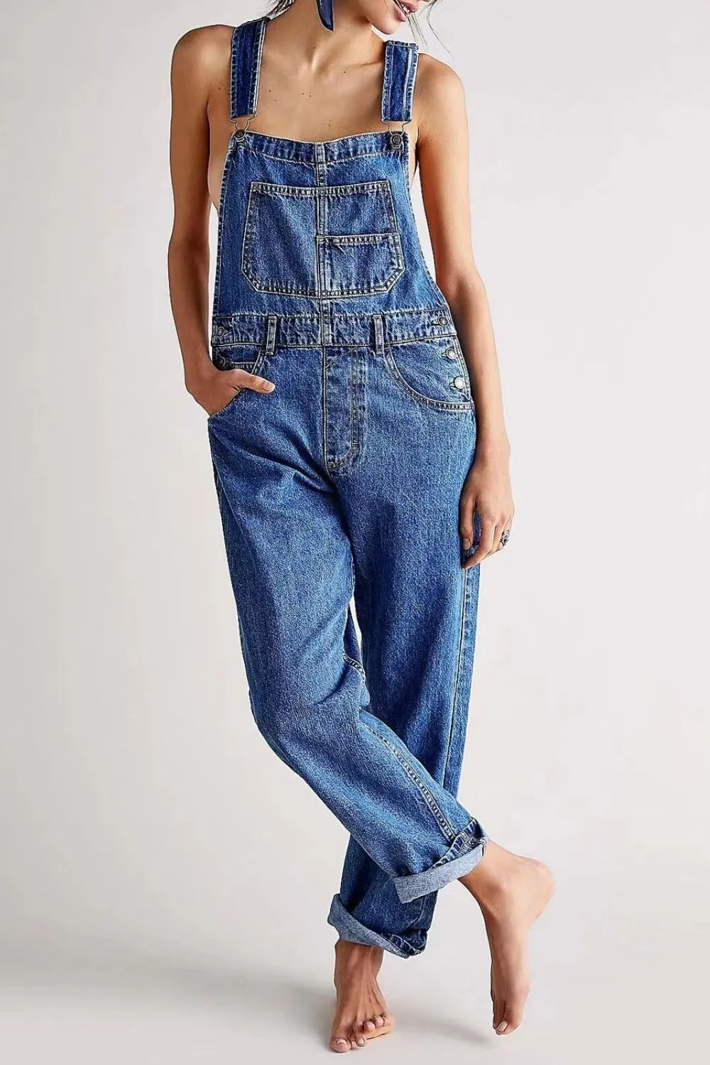 Wide Strap Square Neck Denim Overalls, image 2