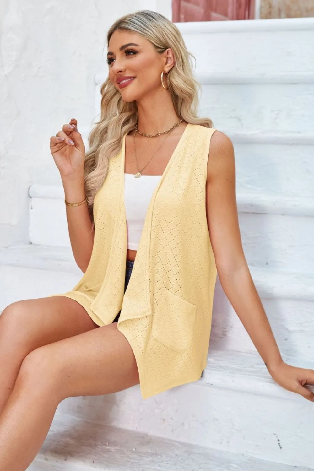 Eyelet Open Front Sleeveless Cardigan, image 3