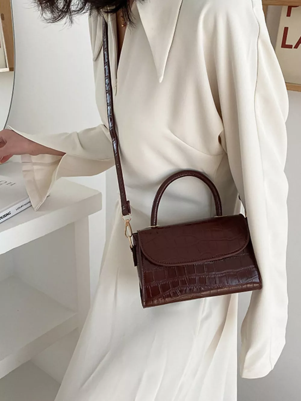 Crocodile Pattern Top Handle Crossbody Bag, image 10