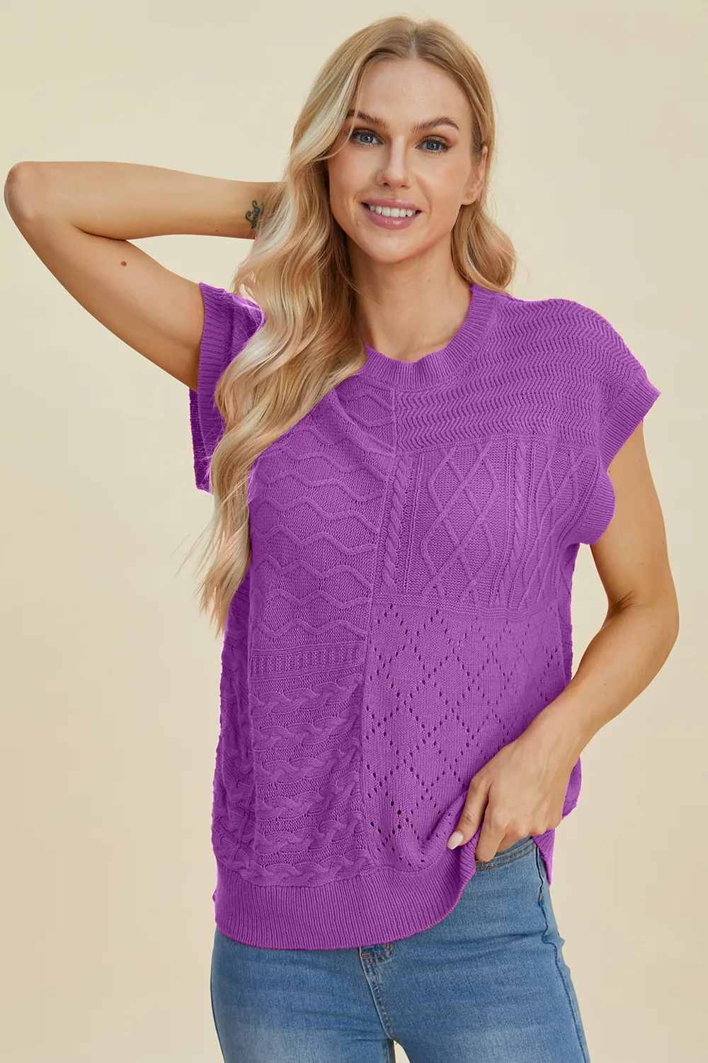 Full Size Cable-Knit Round Neck Cap Sleeve Sweater, image 3