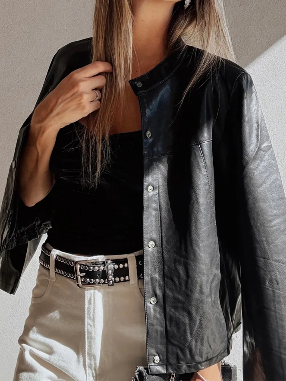 Faux Leather Buttoned Front Boxy Jacket, image 2