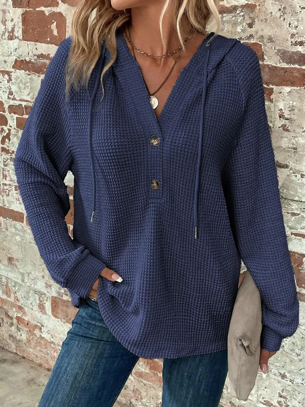 Waffle Knit Long Sleeve Drawstring Hooded Top, image 6
