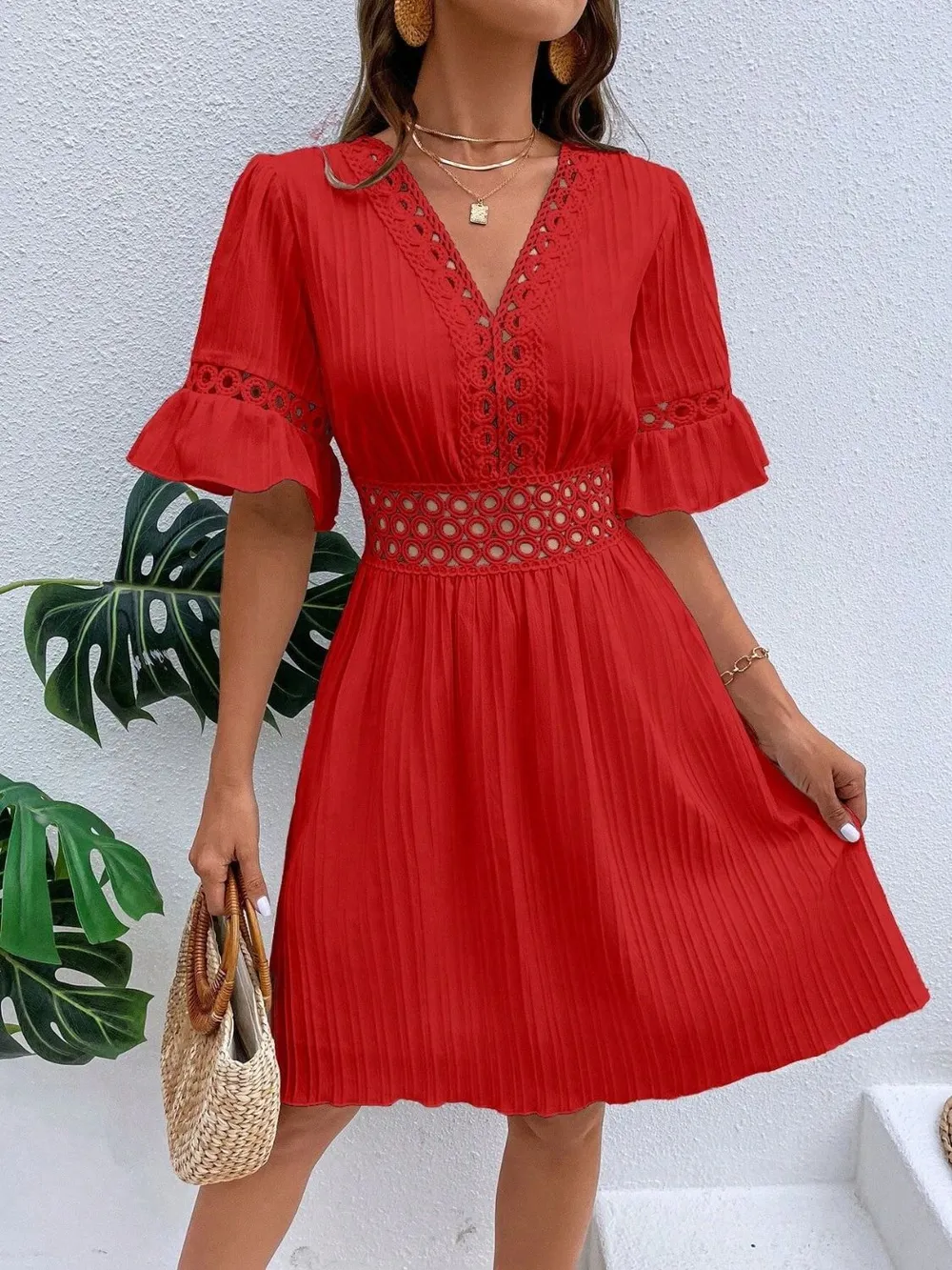 Cutout V-Neck Flounce Sleeve Mini Dress, image 2