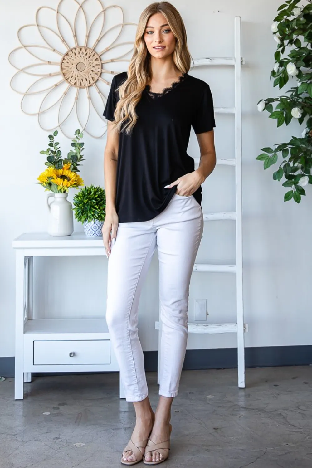 Lace Detail V-Neck Short Sleeve T-Shirt, image 6