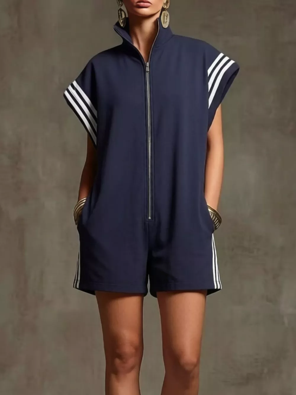 Striped Zip Front Short Sleeve Romper, image 7