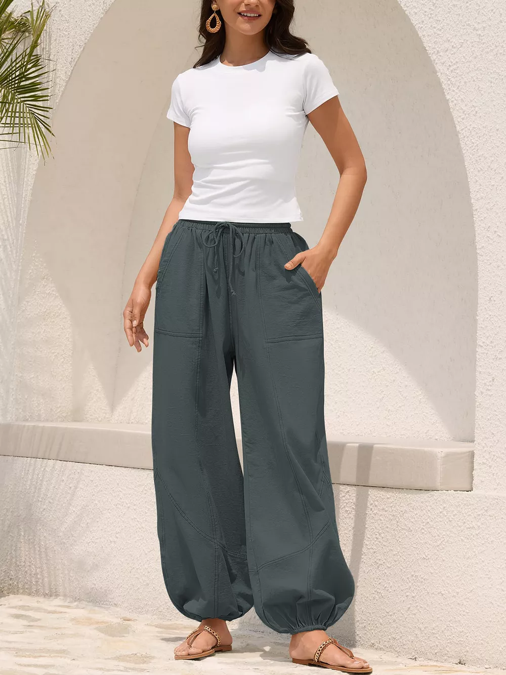 Casual Loose Fit Drawstring Waist Harem Joggers, image 3