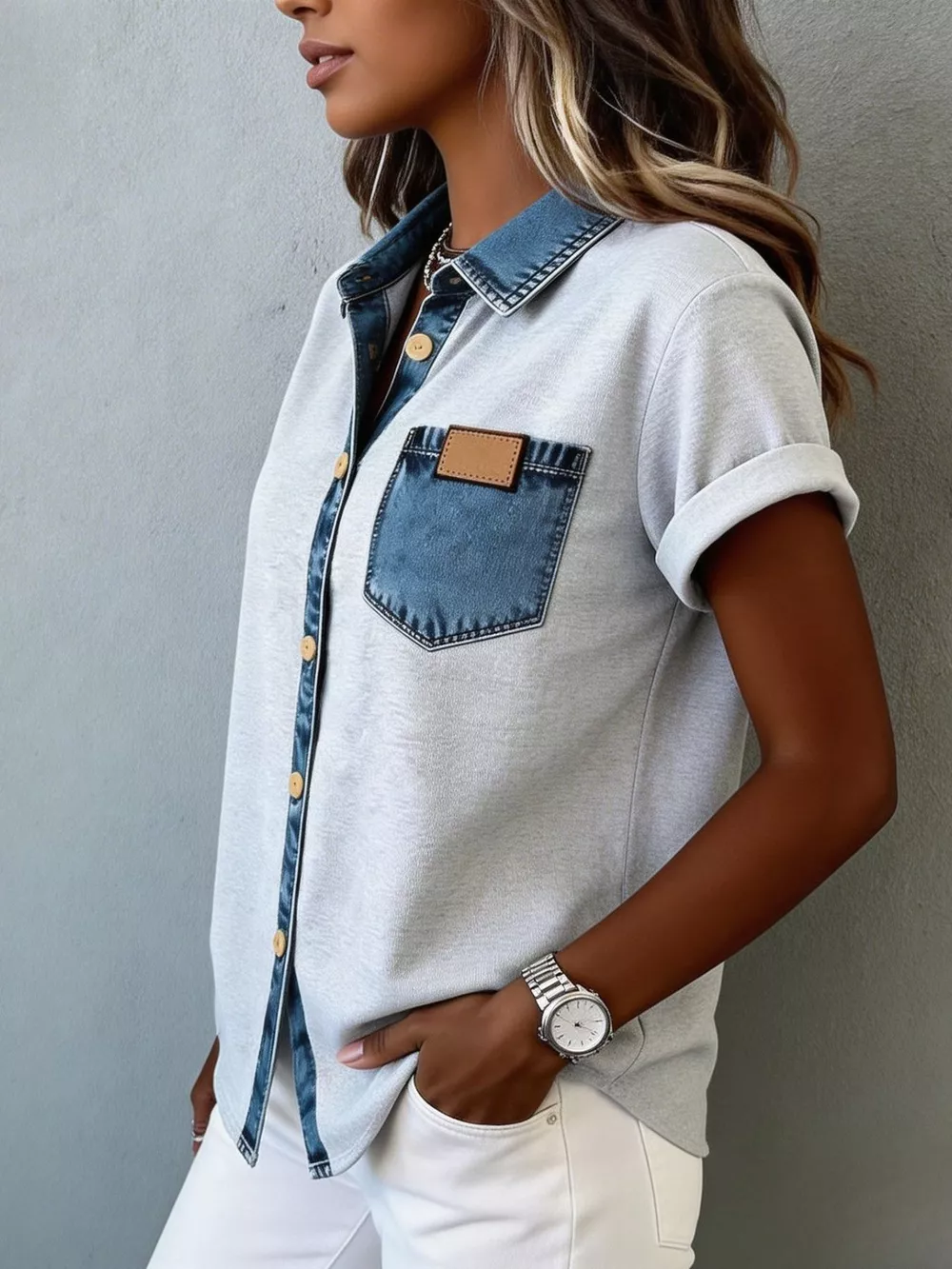 Denim Trim Short Sleeve Shirt, image 3