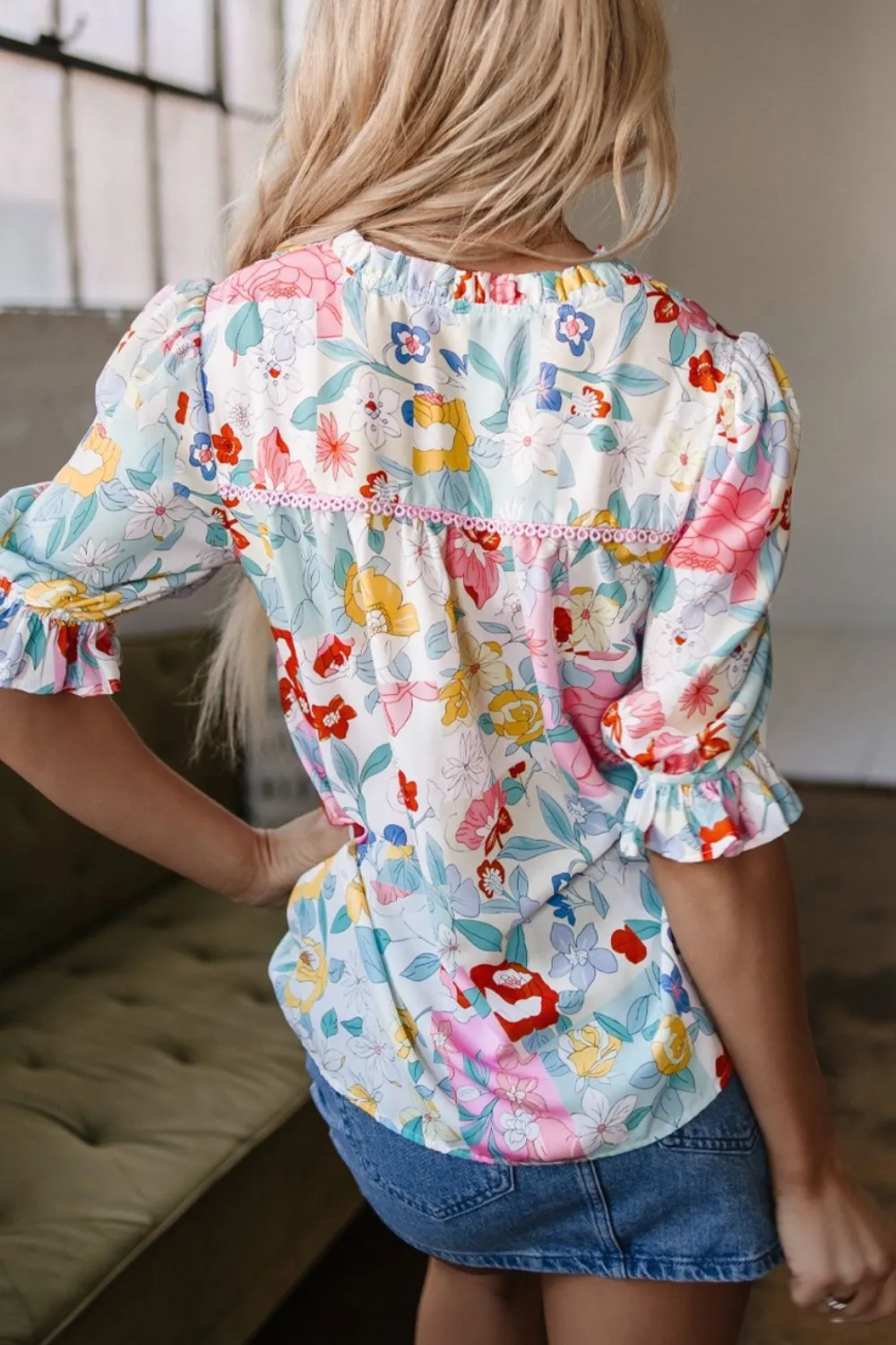 Boho Flower Print Half Puff Sleeve Blouse, image 3