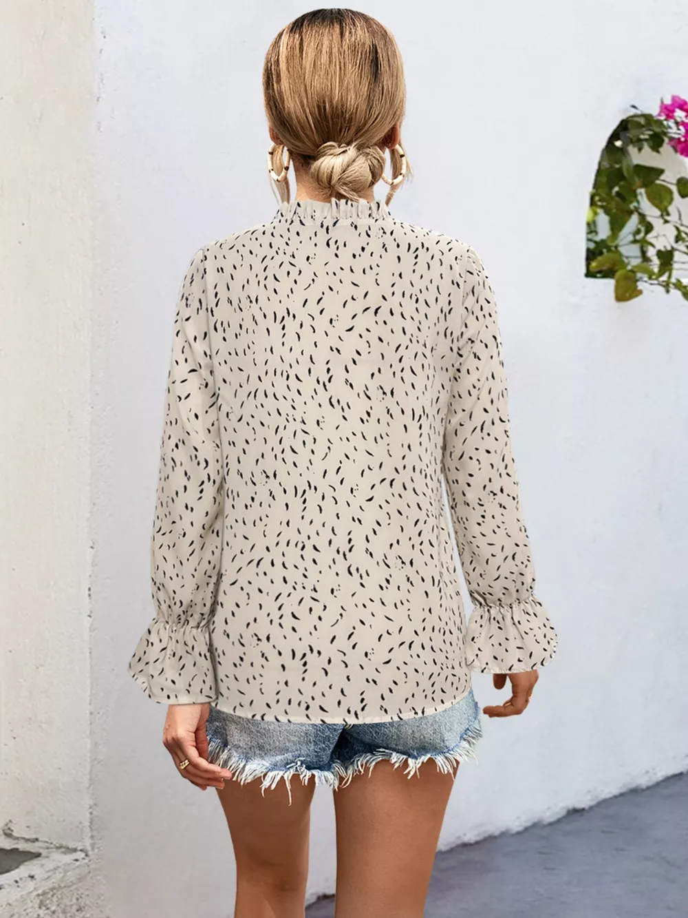 Ruffled Printed Tie Neck Long Sleeve Blouse, image 2