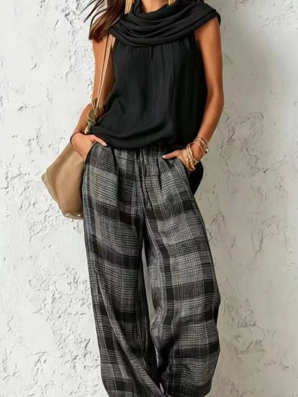 Full Size Sleeveless Cowl Neck Top and Plaid Wide-Leg Pant Two-Piece Set Plus Size