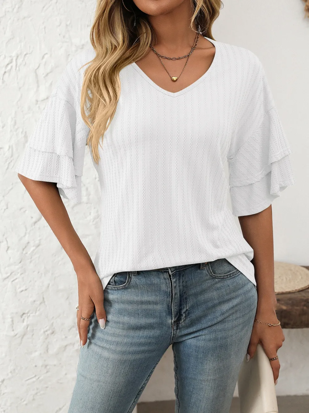 V-Neck Ruffle Half Sleeve Top, image 2