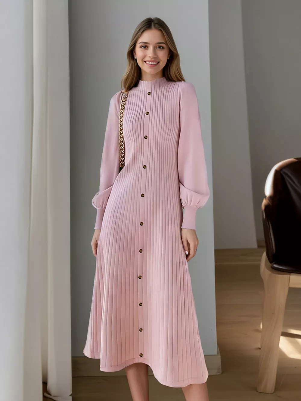 Ribbed Knit Mock Neck Midi Dress, image 2