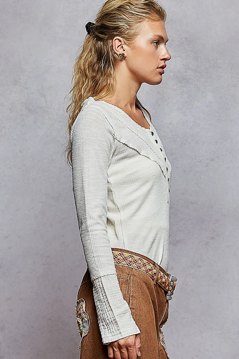 Ribbed Half Button Lace Detail Knit Top, image 4