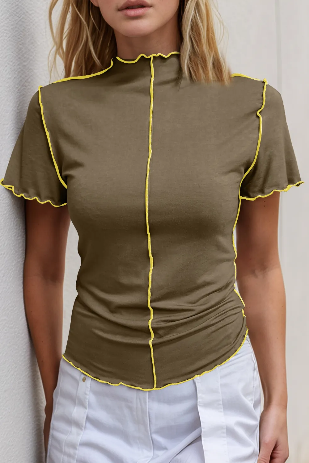 Contrast Trim Mock Neck Short Sleeve T-Shirt, image 3