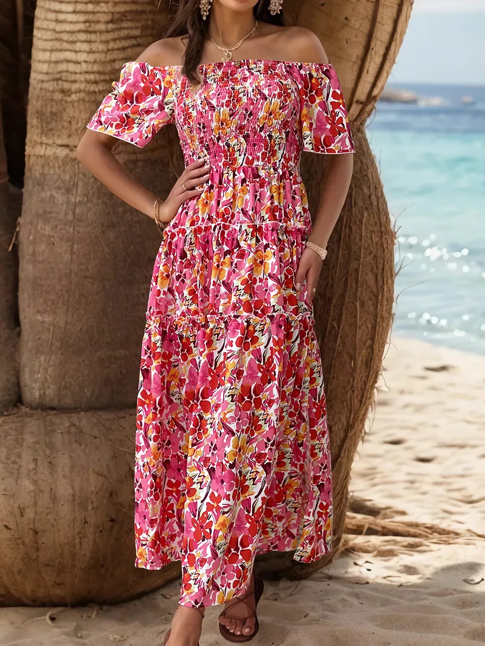 Slit Floral Off-Shoulder Short Sleeve Dress, image 2