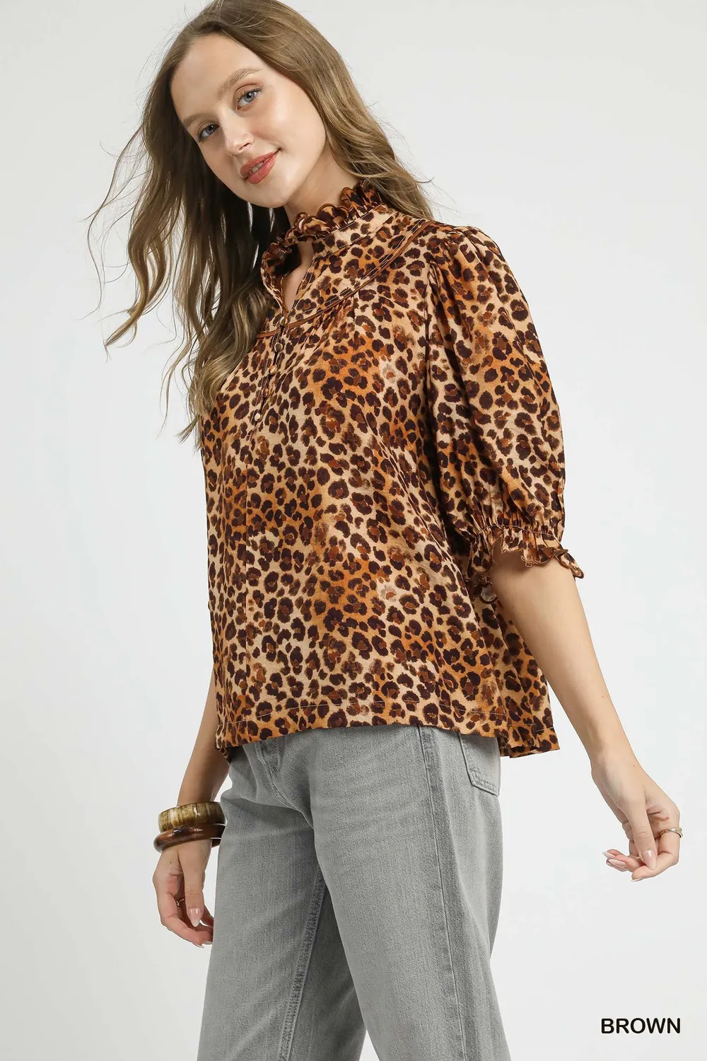 Full Size Leopard Print Ruffle Neck Blouse Plus Size, image 3
